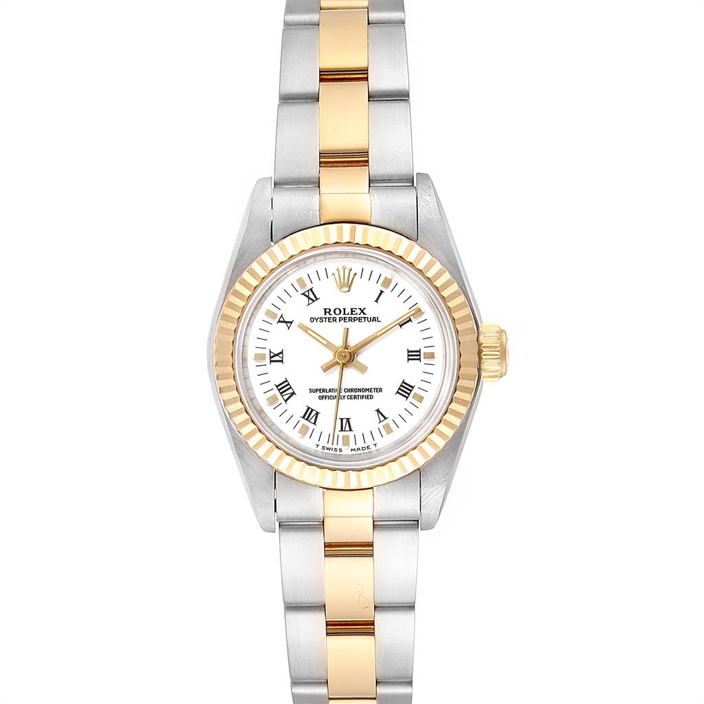 This image shows a front view of a Rolex Oyster Perpetual 67193 Women
s Steel and Gold (two tone) White Dial 67193 Women
s Steel and Gold (two tone) White Dial watch, highlighting its two-tone metal bracelet, fluted bezel, and white dial.