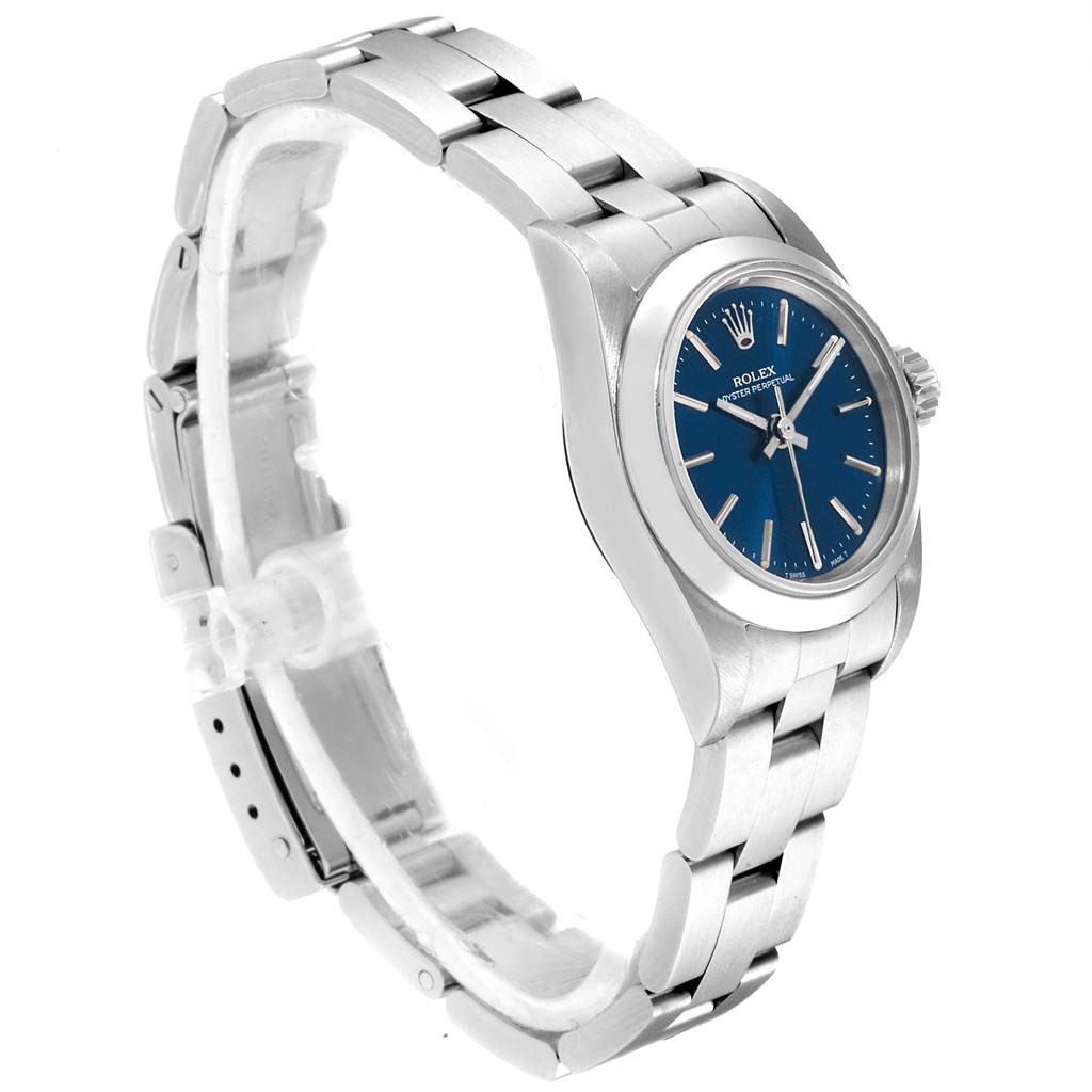 This image shows a Rolex Oyster Perpetual 67180 Women
s Stainless Steel Blue Dial 67180 Women
s Stainless Steel Blue Dial watch at a three-quarter angle, highlighting the bracelet, case, and blue dial.