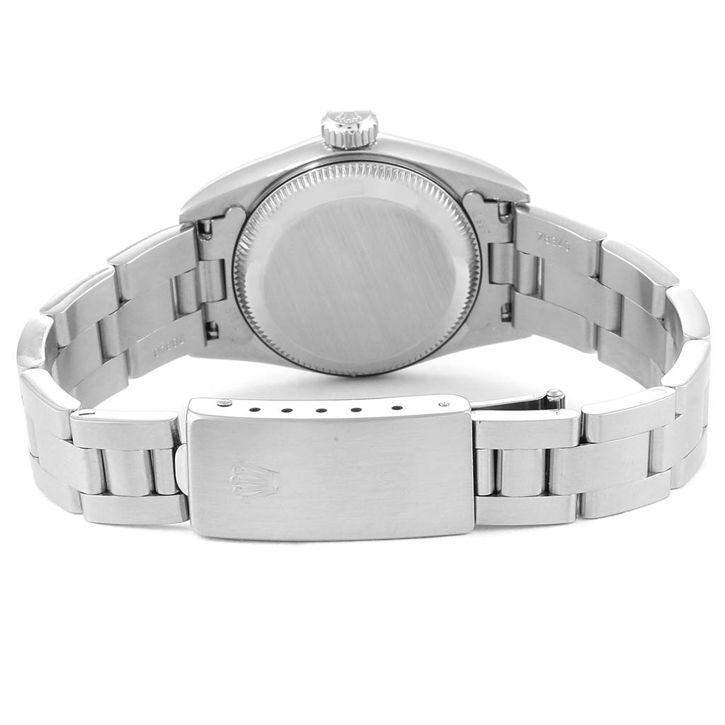 The image shows the back and bracelet clasp of a Rolex Oyster Perpetual 67180 Women
s Stainless Steel Blue Dial 67180 Women
s Stainless Steel Blue Dial watch.