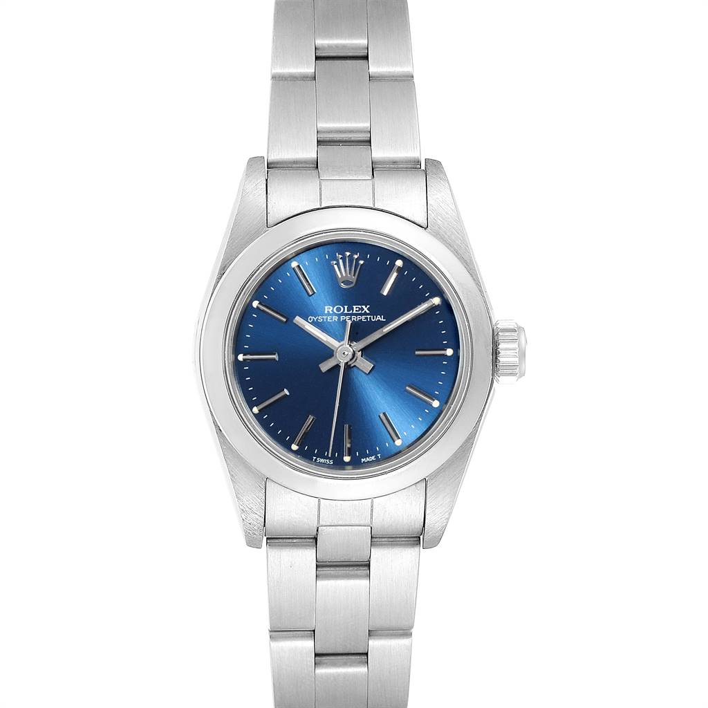 The image shows a front view of the Rolex Oyster Perpetual 67180 Women
s Stainless Steel Blue Dial 67180 Women
s Stainless Steel Blue Dial watch, highlighting the blue dial and silver bracelet.