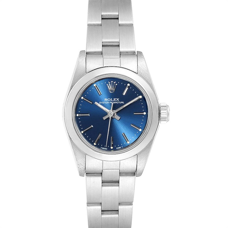 Rolex Oyster Perpetual Nondate Ladies Steel Blue Dial Watch 67180 SwissWatchExpo