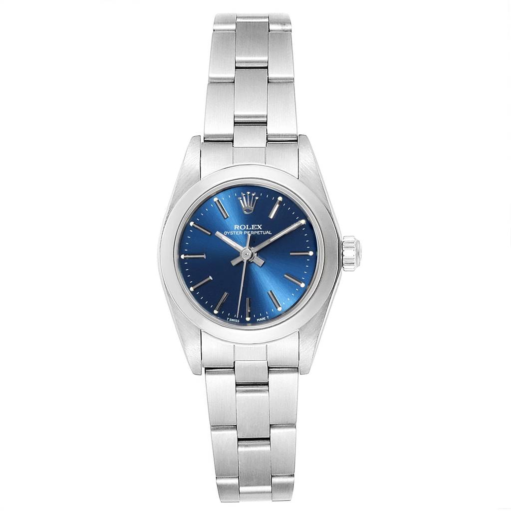 The Rolex Oyster Perpetual 67180 Women
s Stainless Steel Blue Dial 67180 Women
s Stainless Steel Blue Dial watch is shown from a frontal angle, highlighting its blue dial and stainless steel bracelet.