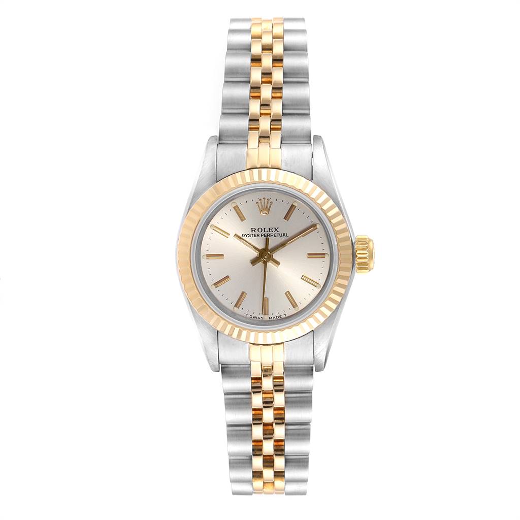 The image shows a front view of a Rolex Oyster Perpetual 67193 Women's Steel and Gold (two tone) Silver Dial 67193 Women's Steel and Gold (two tone) Silver Dial watch, featuring a two-tone bracelet and a gold bezel.