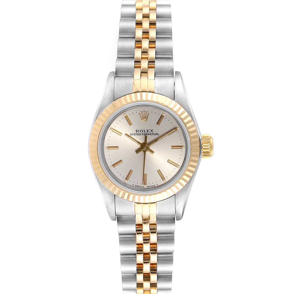 This image shows a front view of a Rolex Oyster Perpetual 67193 Women's Steel and Gold (two tone) Silver Dial 67193 Women's Steel and Gold (two tone) Silver Dial watch, highlighting the dial, case, crown, and bracelet.