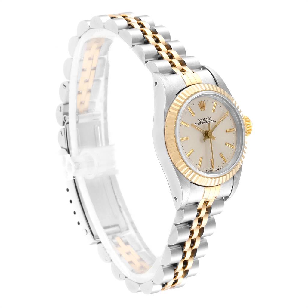 The image shows a Rolex Oyster Perpetual 67193 Women's Steel and Gold (two tone) Silver Dial 67193 Women's Steel and Gold (two tone) Silver Dial watch at a three-quarter angle, highlighting its two-tone bracelet and bezel.
