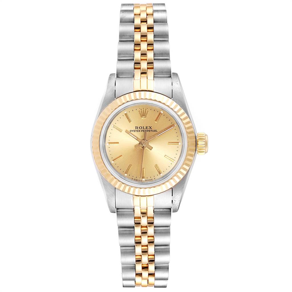 The image shows a front view of a Rolex Oyster Perpetual 67193 Women
s Steel and Gold (two tone) Champagne Dial 67193 Women
s Steel and Gold (two tone) Champagne Dial watch, highlighting the two-tone bracelet, dial, and bezel.
