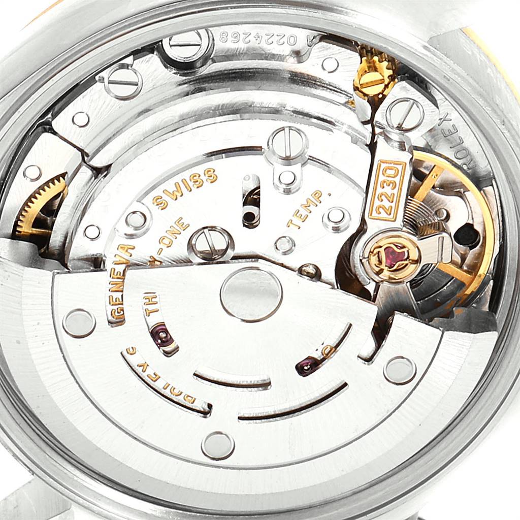 This image shows the internal mechanical movement of a Rolex Oyster Perpetual 76193 Women
s Steel and Gold (two tone) Black Dial 76193 Women
s Steel and Gold (two tone) Black Dial watch.