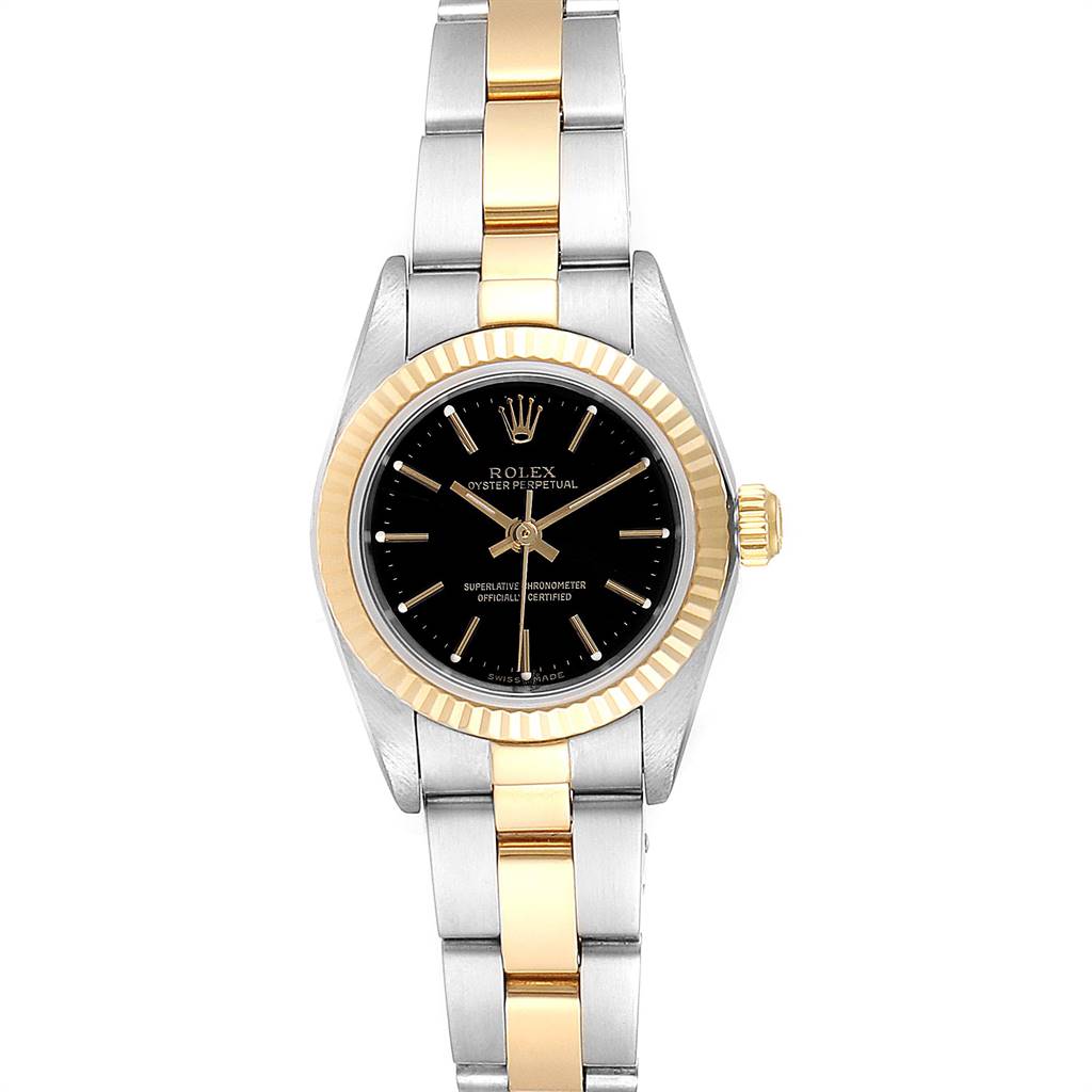 This image shows a front view of a Rolex Oyster Perpetual 76193 Women
s Steel and Gold (two tone) Black Dial 76193 Women
s Steel and Gold (two tone) Black Dial watch, highlighting its dial, bezel, case, and two-tone bracelet.