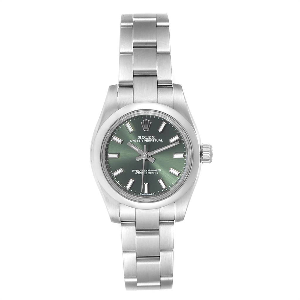 This image shows the front view of a Rolex Oyster Perpetual 176200 Women's Stainless Steel Green Dial 176200 Women's Stainless Steel Green Dial watch, displaying its green dial and stainless steel bracelet.