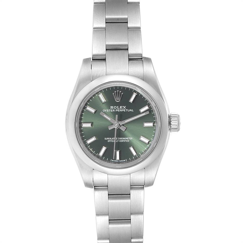 The image shows a Rolex Oyster Perpetual 176200 Women's Stainless Steel Green Dial 176200 Women's Stainless Steel Green Dial watch from a front view, including its face and bracelet.
