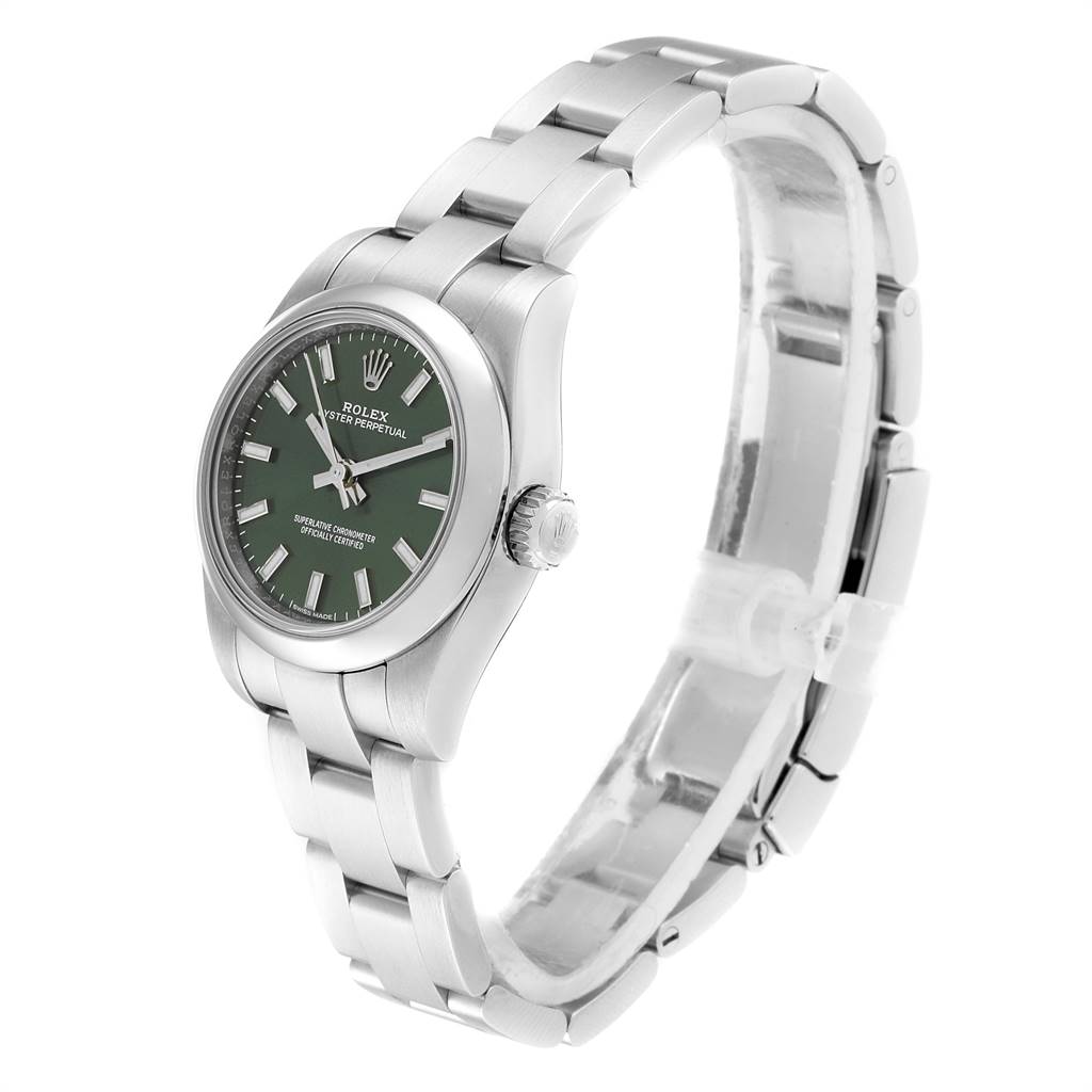 This image shows a side angle view of a Rolex Oyster Perpetual 176200 Women's Stainless Steel Green Dial 176200 Women's Stainless Steel Green Dial watch, displaying its face, bracelet, and crown.