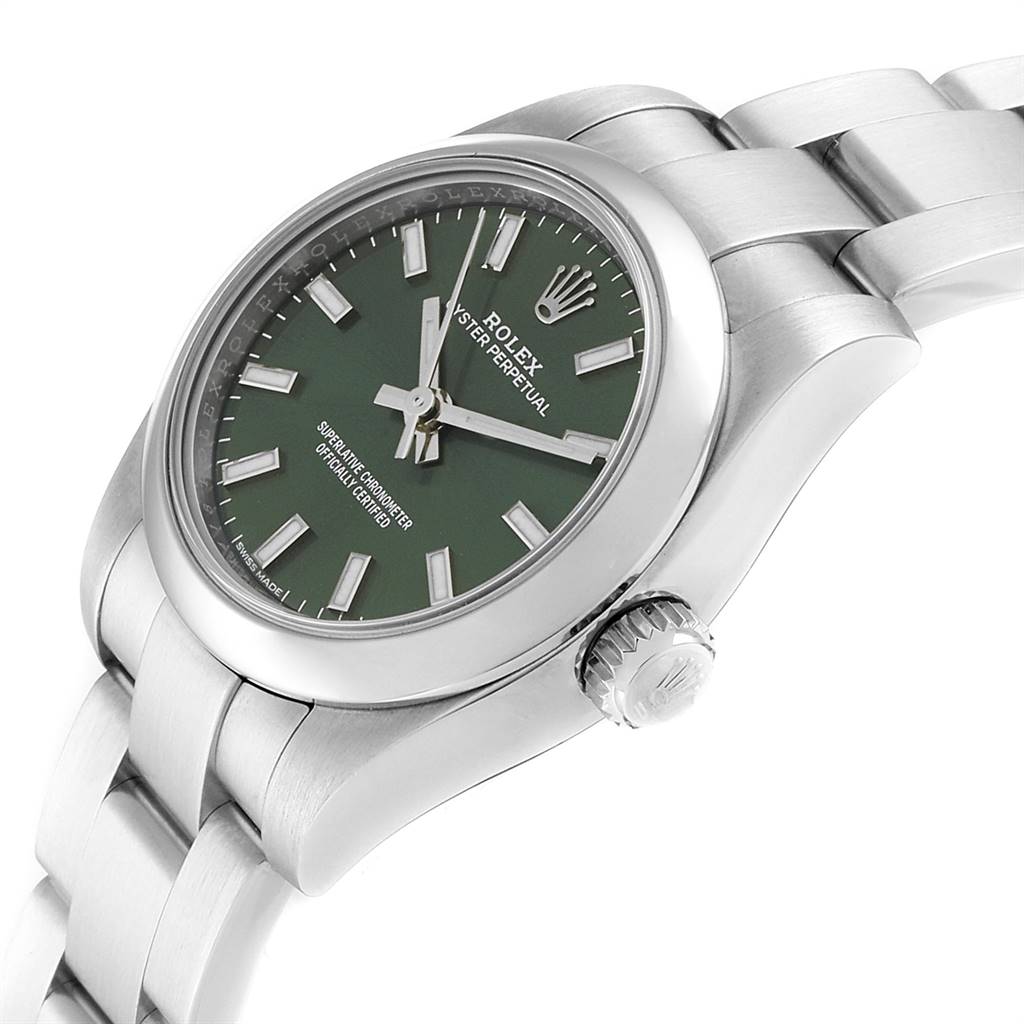 The image shows a Rolex Oyster Perpetual 176200 Women's Stainless Steel Green Dial 176200 Women's Stainless Steel Green Dial watch at an angled side view, highlighting its green dial, crown, and bracelet.