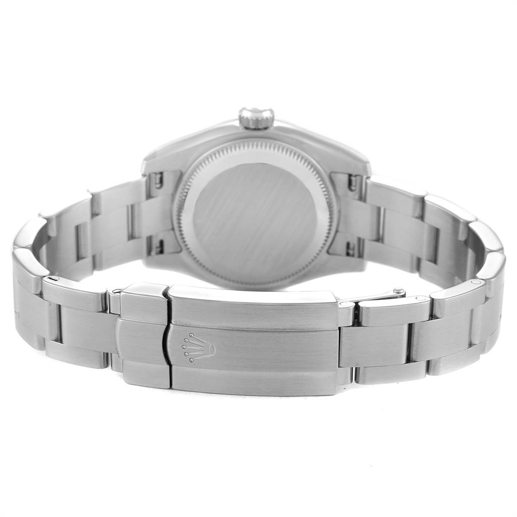 This image shows the back and bracelet clasp of a Rolex Oyster Perpetual 176200 Women's Stainless Steel Green Dial 176200 Women's Stainless Steel Green Dial watch.
