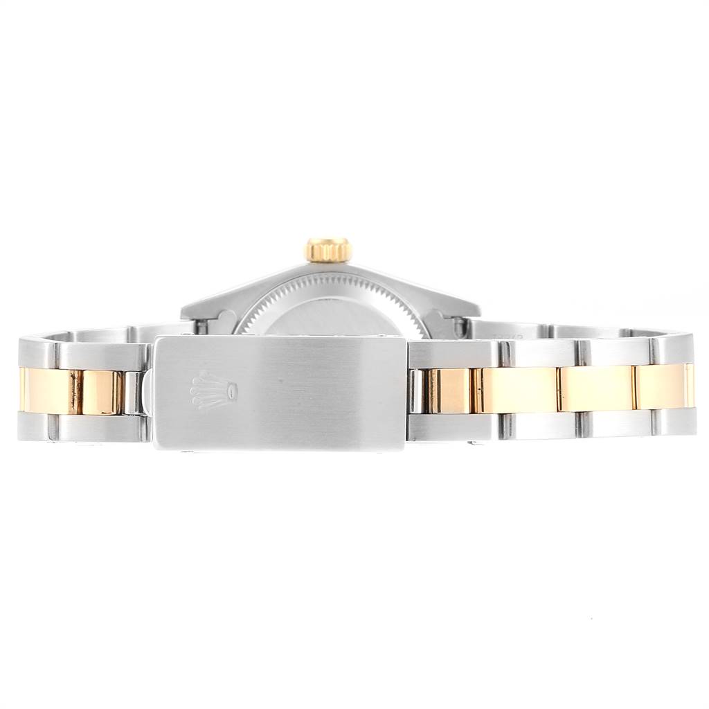 This image shows the back and clasp of a Rolex Oyster Perpetual 67233 Women's Steel and Gold (two tone) Grey Dial 67233 Women's Steel and Gold (two tone) Grey Dial watch at a flat angle.
