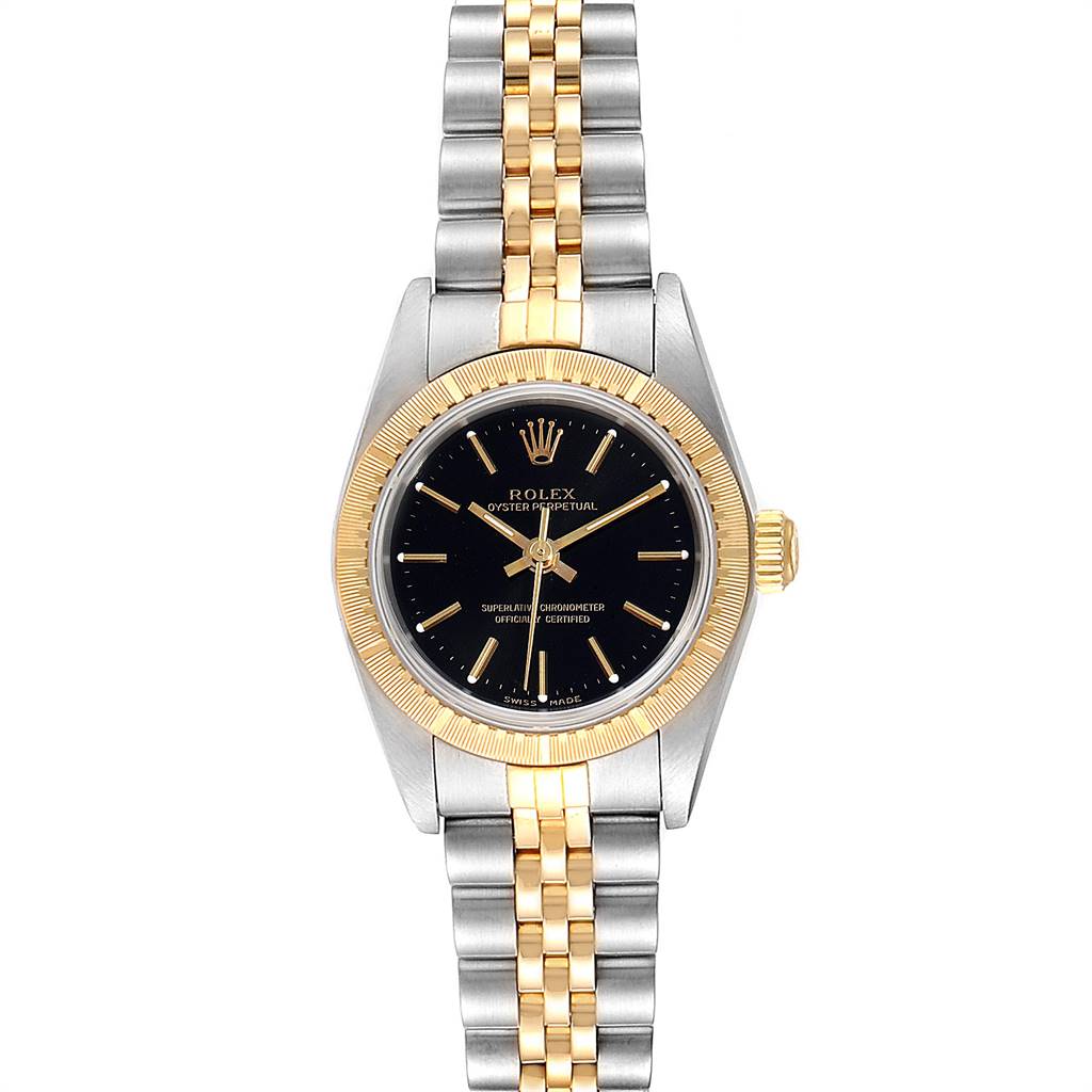 This image shows a Rolex Oyster Perpetual 76243 Women
s Steel and Gold (two tone) Black Dial 76243 Women
s Steel and Gold (two tone) Black Dial watch from the front, displaying the face, bezel, and bracelet.