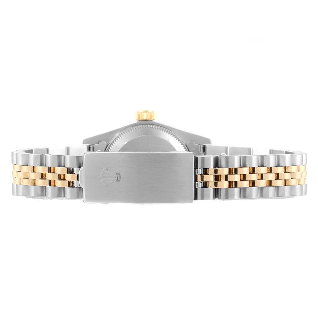 This image shows the back and clasp of the Oyster Perpetual watch by Rolex, highlighting its two-tone bracelet.