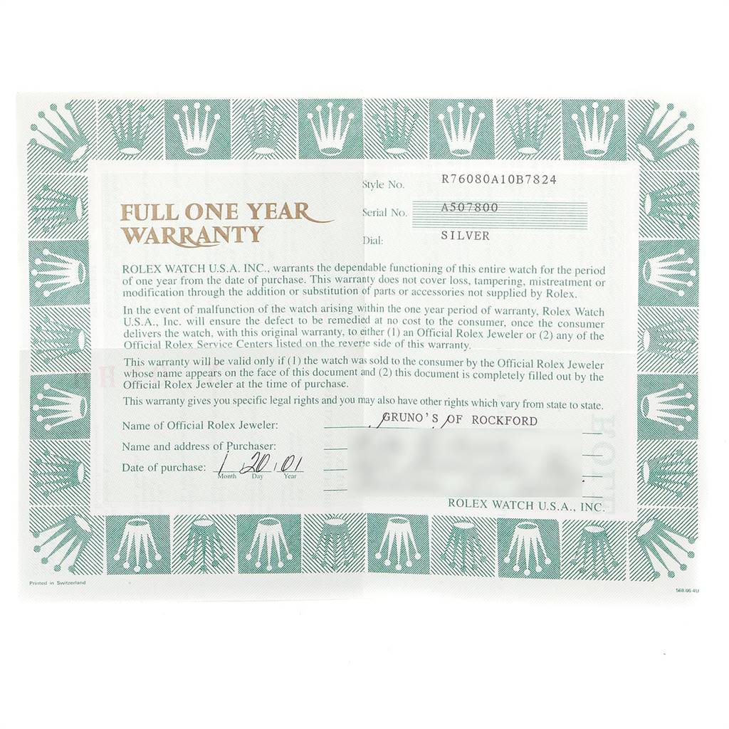 This image shows a Full One Year Warranty card for the Rolex Oyster Perpetual 76080 Women's Stainless Steel Silver Dial 76080 Women's Stainless Steel Silver Dial watch model.