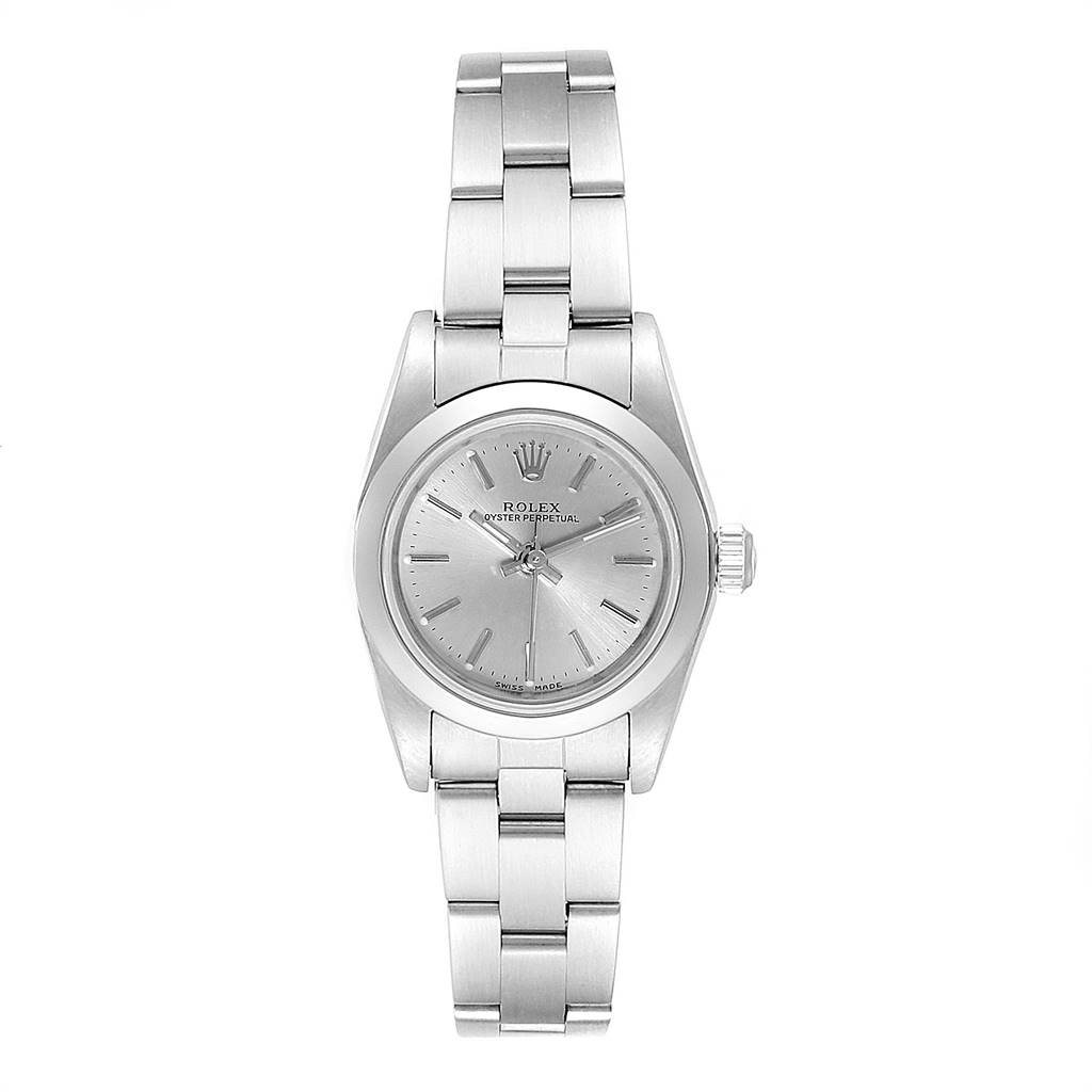 This image shows a front view of a Rolex Oyster Perpetual 76080 Women's Stainless Steel Silver Dial 76080 Women's Stainless Steel Silver Dial watch, displaying the full face and bracelet.
