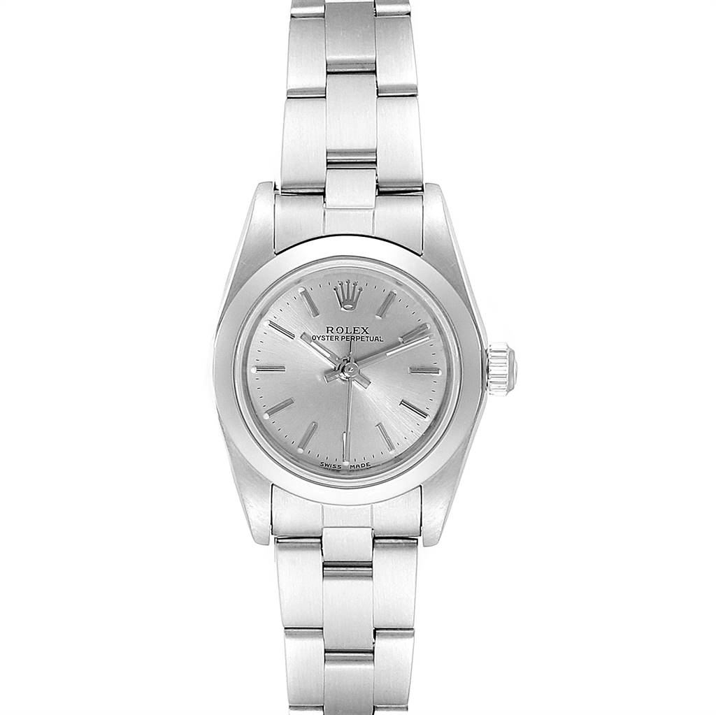 The image shows a Rolex Oyster Perpetual 76080 Women's Stainless Steel Silver Dial 76080 Women's Stainless Steel Silver Dial watch from a direct front angle, highlighting the dial, bezel, and bracelet.