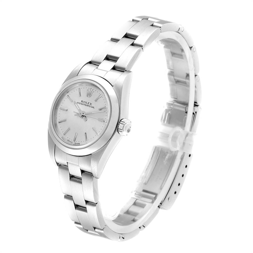 This image shows a side angle view of a Rolex Oyster Perpetual 76080 Women's Stainless Steel Silver Dial 76080 Women's Stainless Steel Silver Dial watch, displaying its face, crown, and bracelet.