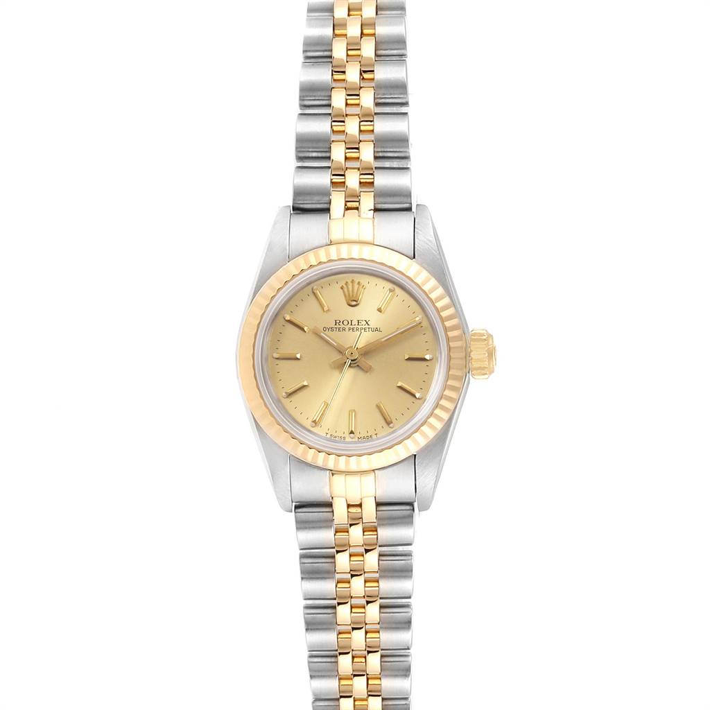 This image shows a front view of the Rolex Oyster Perpetual 67193 Women
s Steel and Gold (two tone) Champagne Dial 67193 Women
s Steel and Gold (two tone) Champagne Dial watch, highlighting its dial, bezel, and Jubilee bracelet.
