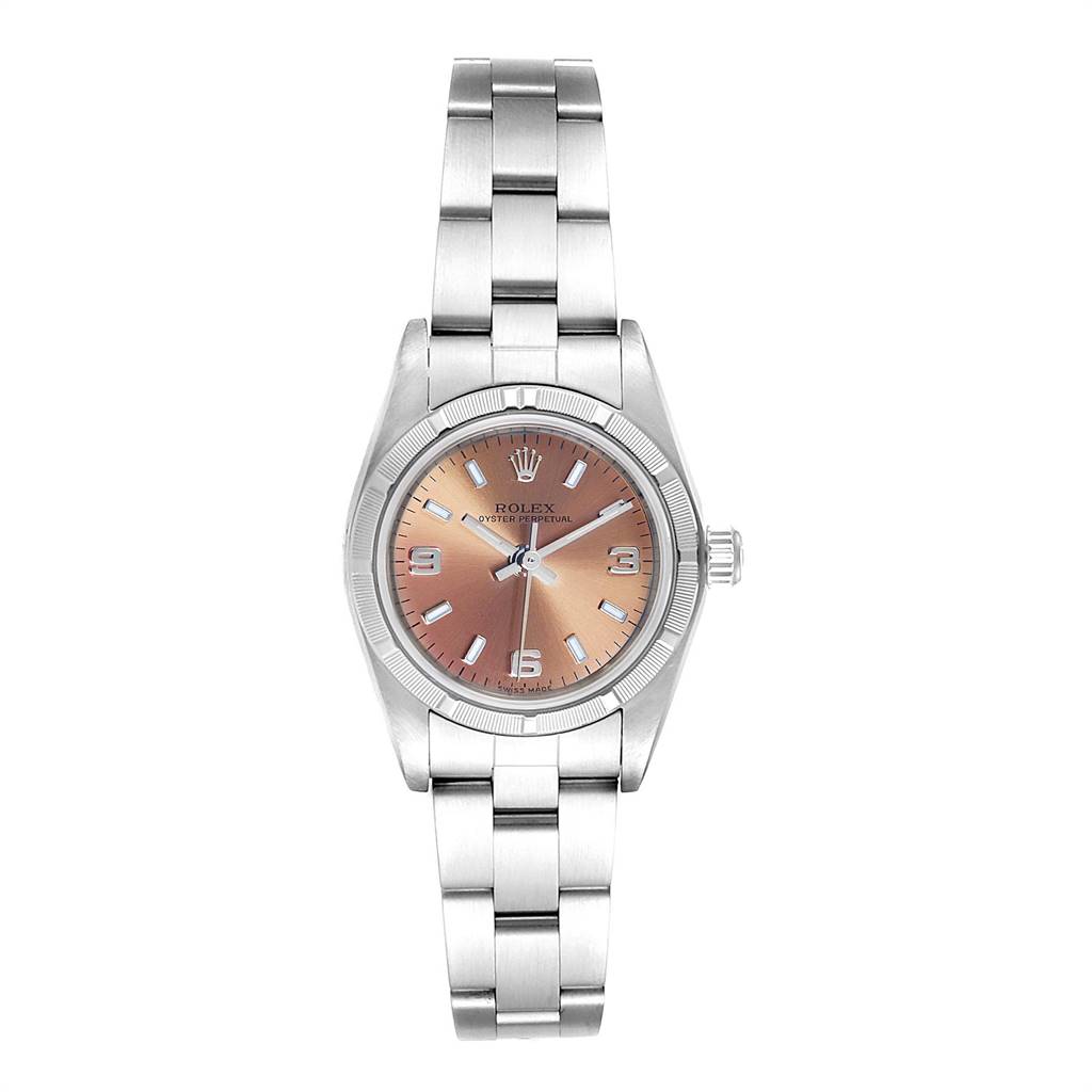 The image shows a front view of a Rolex Oyster Perpetual 76030 Women
s Stainless Steel Pink Dial 76030 Women
s Stainless Steel Pink Dial watch featuring its face, bezel, and stainless steel bracelet.