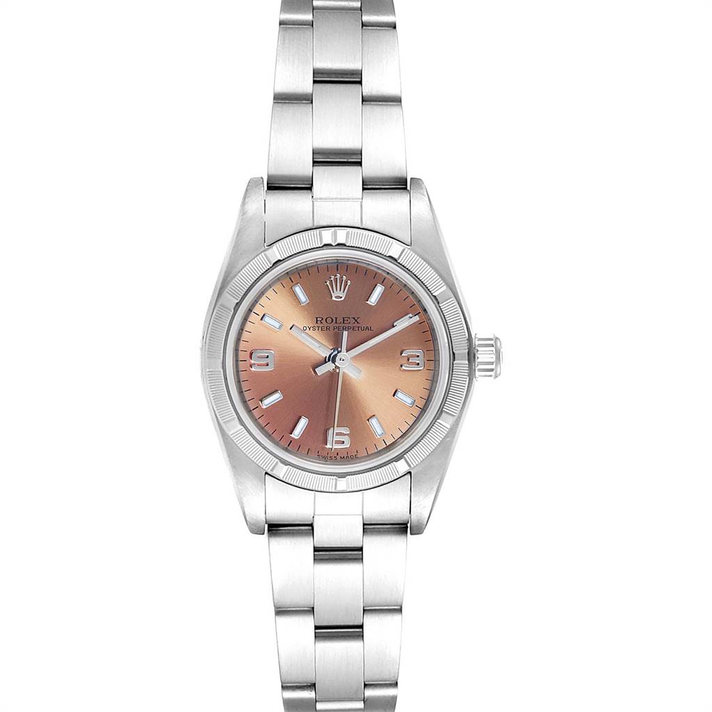 The Rolex Oyster Perpetual 76030 Women
s Stainless Steel Pink Dial 76030 Women
s Stainless Steel Pink Dial watch is shown from a top-down angle, highlighting its face, bezel, and bracelet.
