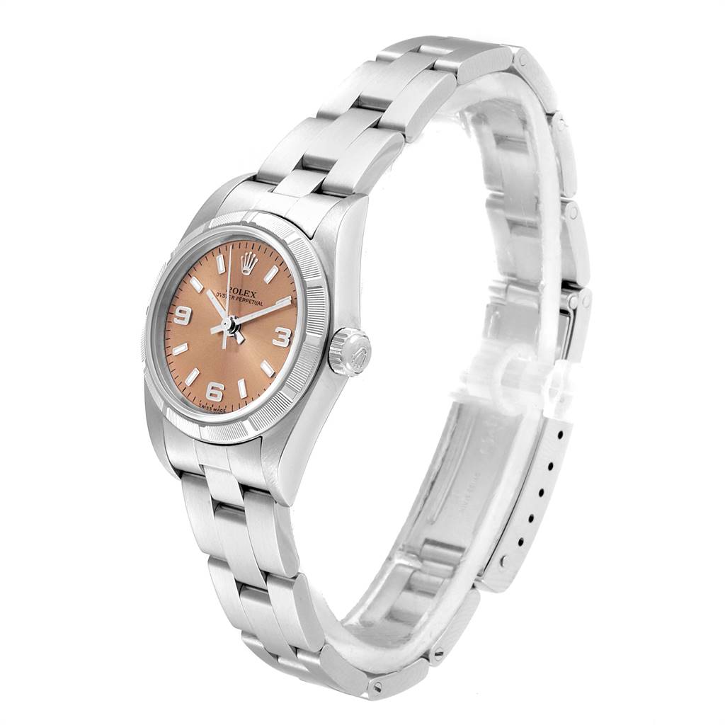 The image shows a side view of the Rolex Oyster Perpetual 76030 Women
s Stainless Steel Pink Dial 76030 Women
s Stainless Steel Pink Dial watch, displaying its dial, case, crown, and stainless steel bracelet.