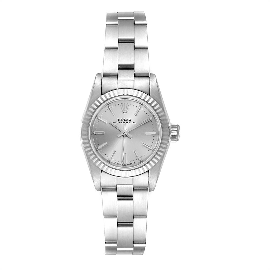 The image shows a top-down view of the Rolex Oyster Perpetual 67194 Women's Stainless Steel Silver Dial 67194 Women's Stainless Steel Silver Dial watch, displaying its face, bezel, and bracelet.