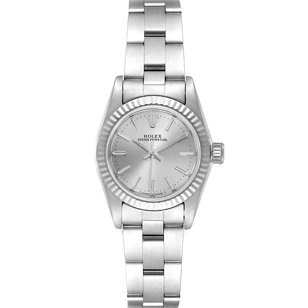 This image shows a front view of the Rolex Oyster Perpetual 67194 Women's Stainless Steel Silver Dial 67194 Women's Stainless Steel Silver Dial watch, displaying the dial, bezel, and bracelet.