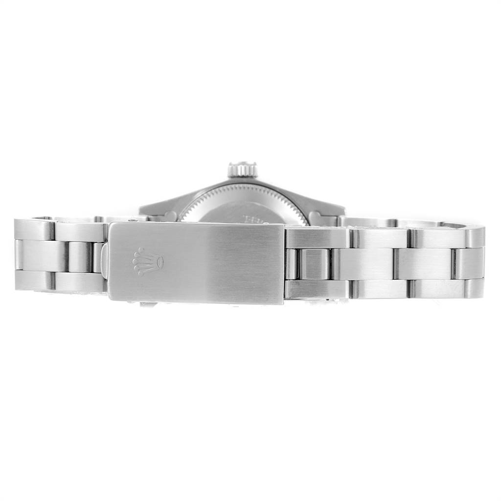 The image shows the back view of a Rolex Oyster Perpetual 67194 Women's Stainless Steel Silver Dial 67194 Women's Stainless Steel Silver Dial watch, highlighting the clasp and bracelet.