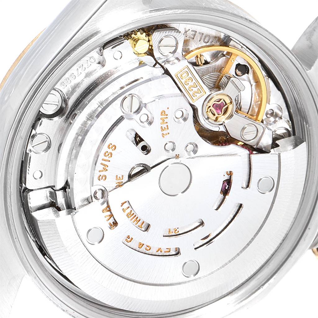 The image shows the inner mechanical movement of a Rolex Oyster Perpetual 76193 Women's Steel and Gold (two tone) Black Dial 76193 Women's Steel and Gold (two tone) Black Dial watch from a close-up, top-down angle.