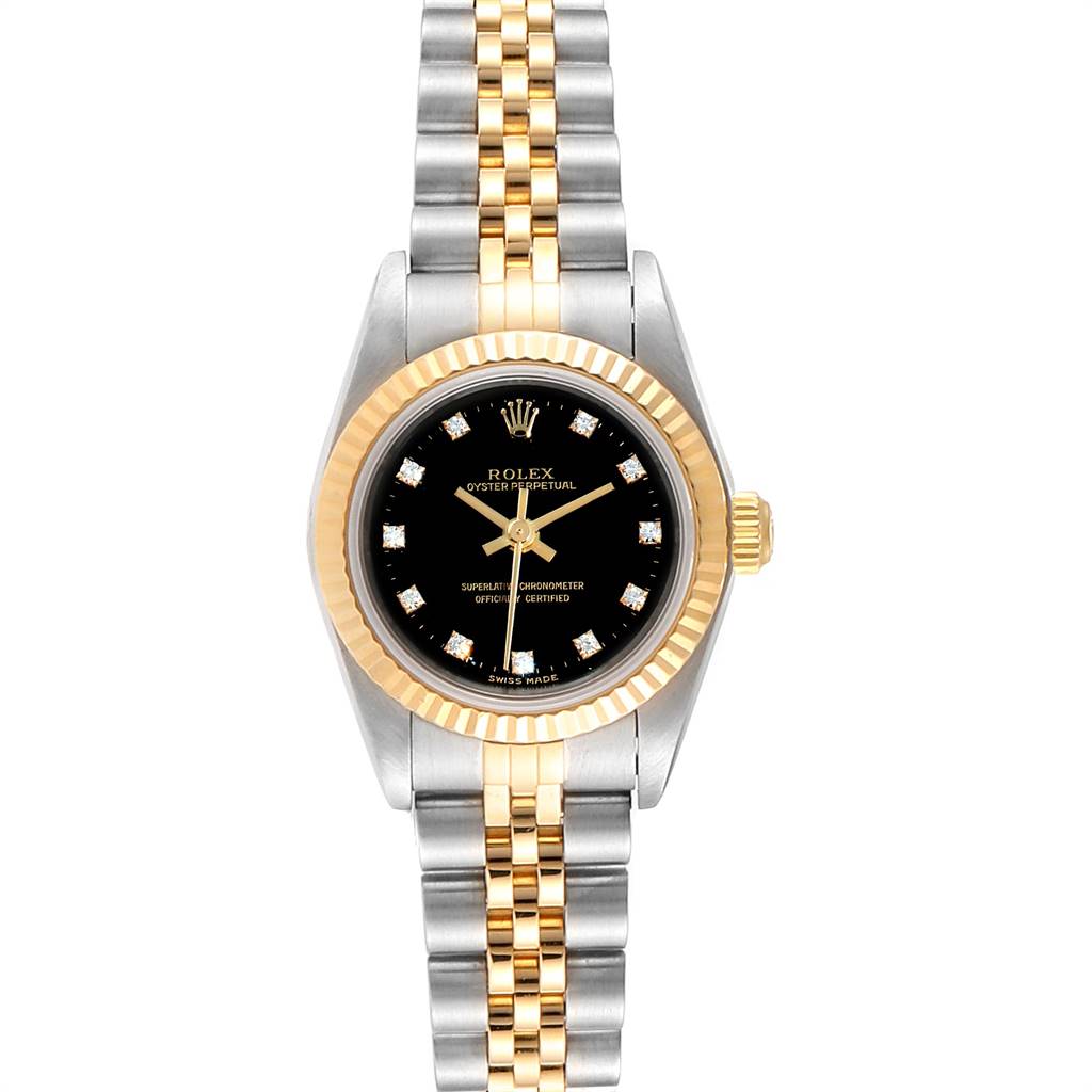 The image shows a front view of the Rolex Oyster Perpetual 76193 Women's Steel and Gold (two tone) Black Dial 76193 Women's Steel and Gold (two tone) Black Dial watch, highlighting its two-tone bracelet, black dial, and fluted gold bezel.