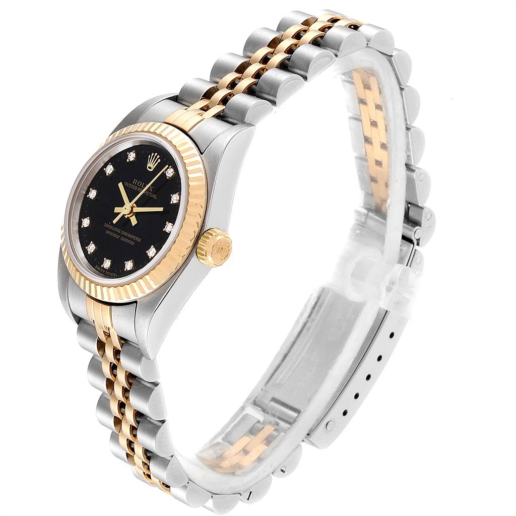 This image shows a Rolex Oyster Perpetual 76193 Women's Steel and Gold (two tone) Black Dial 76193 Women's Steel and Gold (two tone) Black Dial watch at a slight angle, highlighting the watch face, bezel, and bracelet.