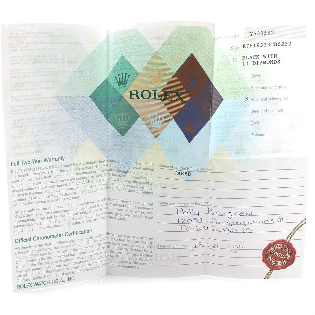 This image shows the warranty and certification papers for a Rolex Oyster Perpetual 76193 Women's Steel and Gold (two tone) Black Dial 76193 Women's Steel and Gold (two tone) Black Dial watch with a black dial and 11 diamonds.