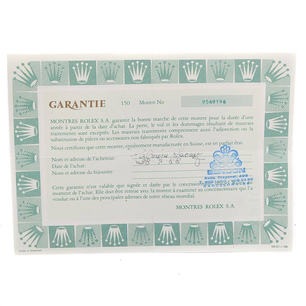 The image shows a Rolex Oyster Perpetual 67194 Women
s Stainless Steel White Dial 67194 Women
s Stainless Steel White Dial warranty card with a green border featuring the Rolex crown logo.