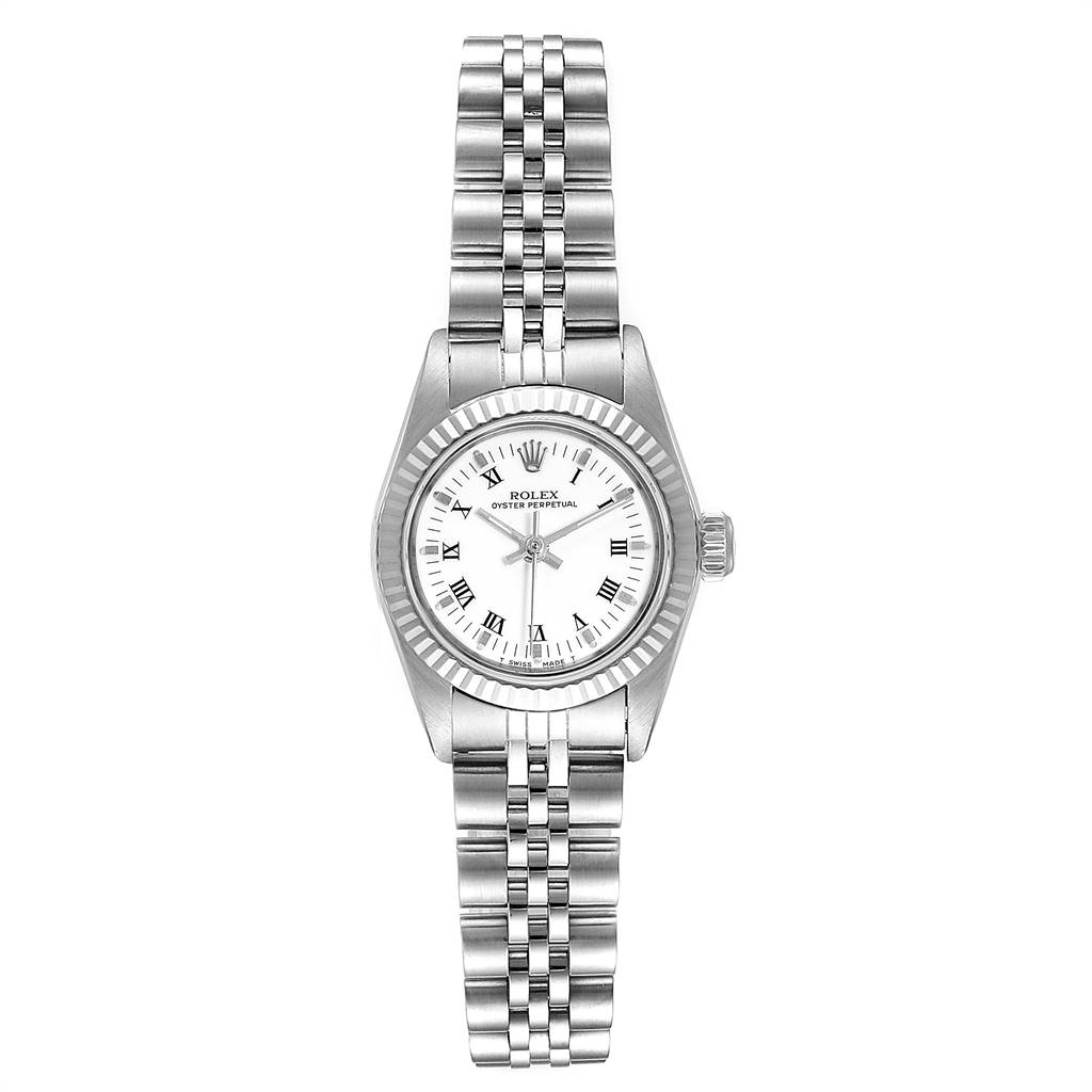 The Rolex Oyster Perpetual 67194 Women
s Stainless Steel White Dial 67194 Women
s Stainless Steel White Dial watch is shown from a top-down angle, displaying the face, case, crown, and bracelet.