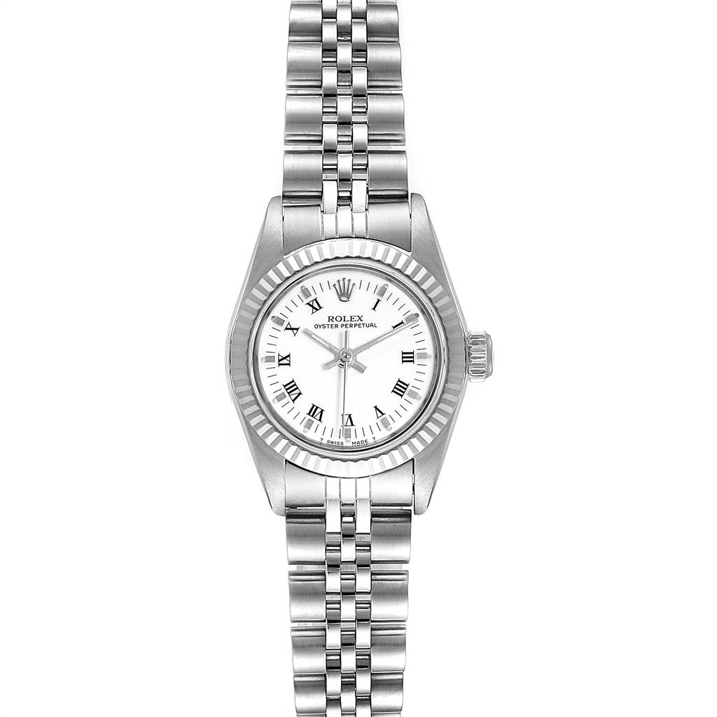 The image shows a full frontal view of a Rolex Oyster Perpetual 67194 Women
s Stainless Steel White Dial 67194 Women
s Stainless Steel White Dial watch, highlighting its dial, bezel, and bracelet.