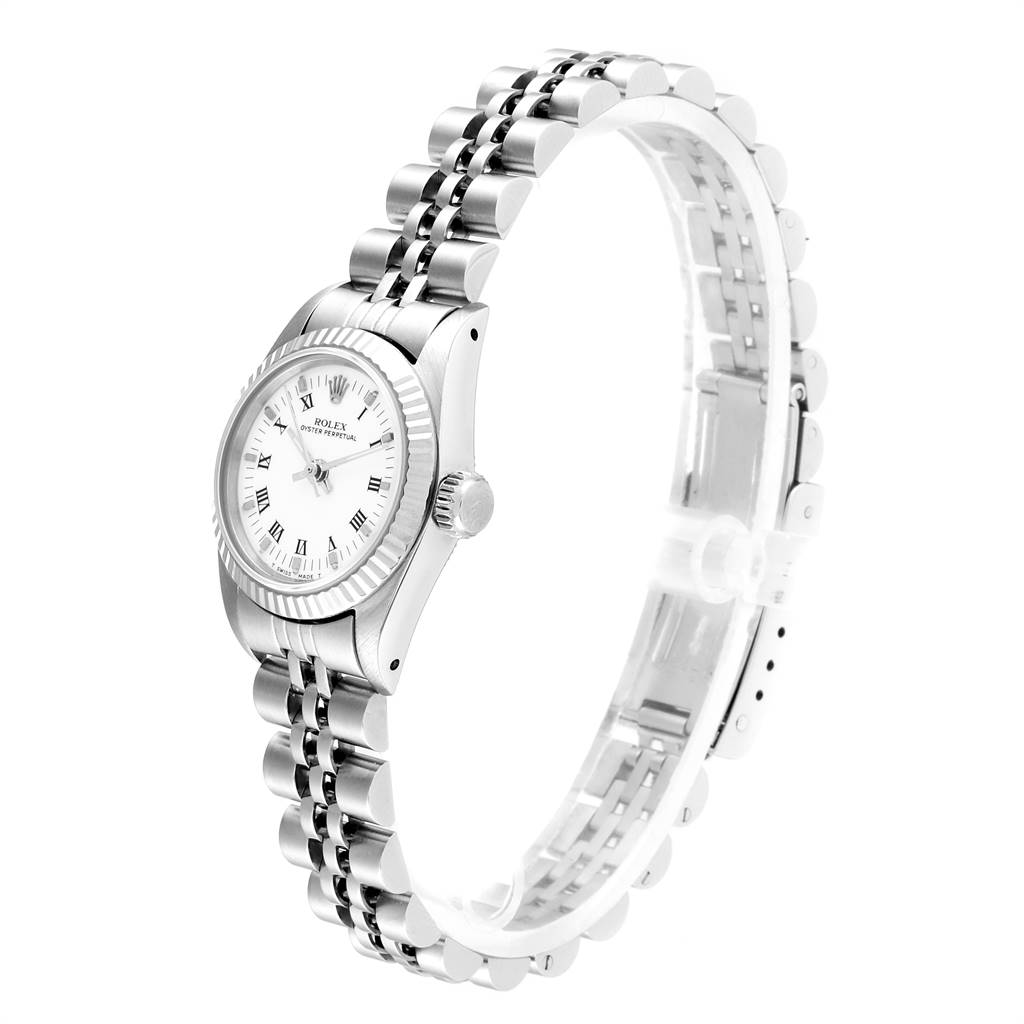 The image shows a Rolex Oyster Perpetual 67194 Women
s Stainless Steel White Dial 67194 Women
s Stainless Steel White Dial watch at a side angle, displaying the watch face, bezel, crown, and bracelet.