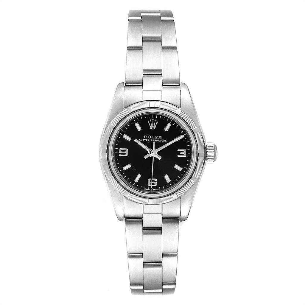 The image shows a front view of the Rolex Oyster Perpetual 76030 Women's Stainless Steel Black Dial 76030 Women's Stainless Steel Black Dial watch, displaying the dial, case, and bracelet.