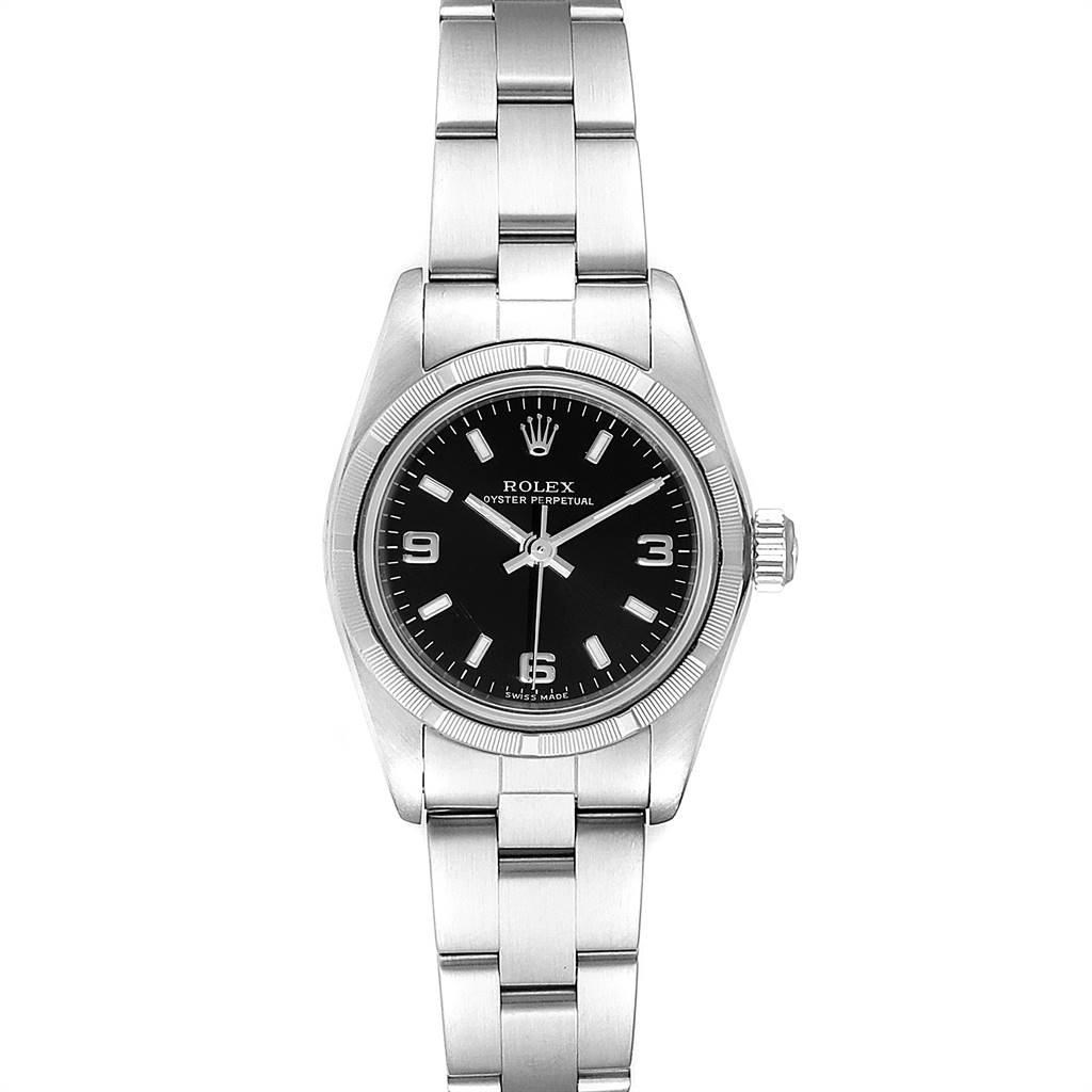 The Oyster Perpetual by Rolex is shown from the front, featuring the watch face, bezel, and stainless steel bracelet.