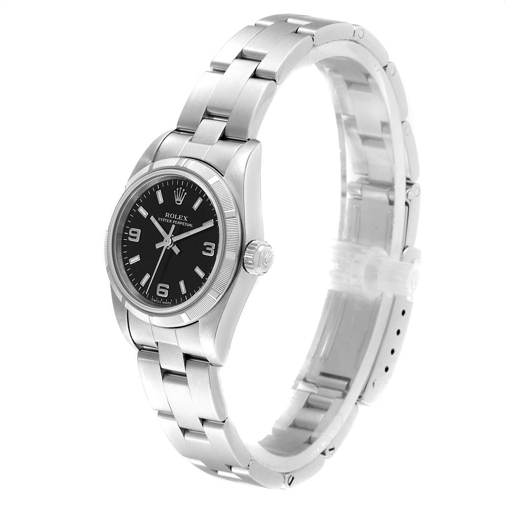 This image shows the Rolex Oyster Perpetual 76030 Women's Stainless Steel Black Dial 76030 Women's Stainless Steel Black Dial watch at a slight side angle highlighting the face, bezel, crown, and bracelet.