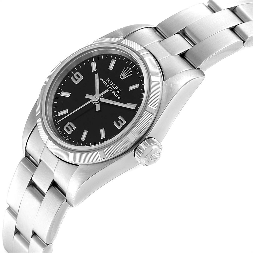 The image shows the angled view of the Rolex Oyster Perpetual 76030 Women's Stainless Steel Black Dial 76030 Women's Stainless Steel Black Dial watch, highlighting the dial, crown, and bracelet.