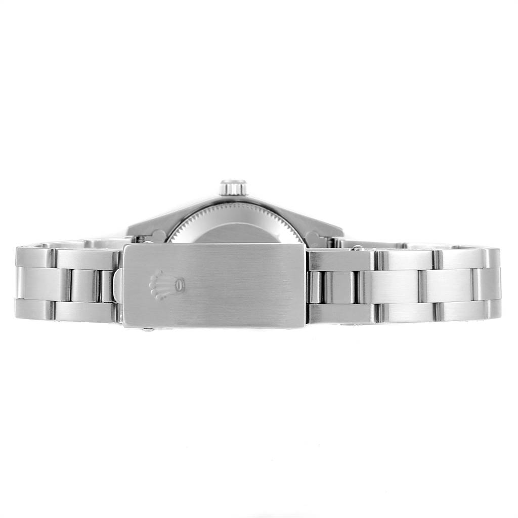 This image shows the back view of a Rolex Oyster Perpetual 76030 Women's Stainless Steel Black Dial 76030 Women's Stainless Steel Black Dial watch with a focus on the closed clasp and bracelet.