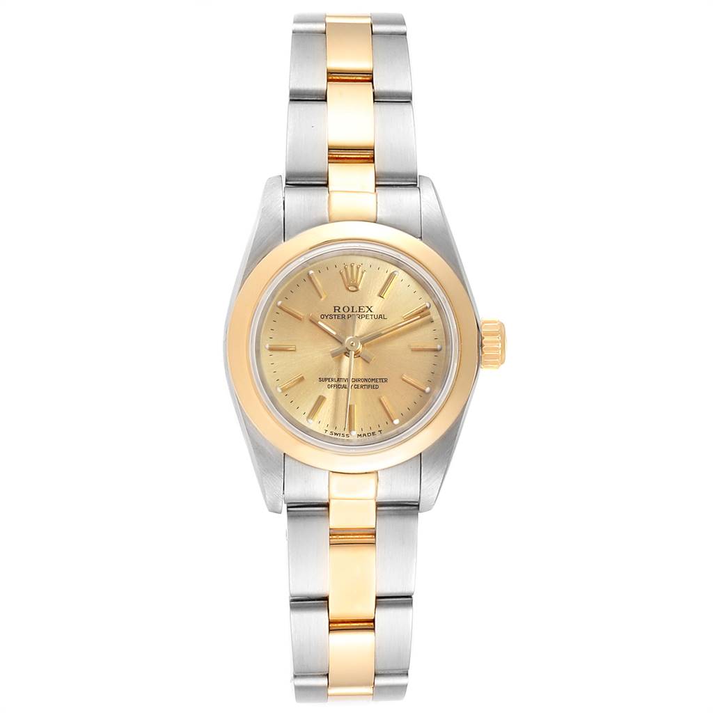 The image shows a front view of a Rolex Oyster Perpetual 67183 Women
s Steel and Gold (two tone) Champagne Dial 67183 Women
s Steel and Gold (two tone) Champagne Dial watch, highlighting its dial, bezel, and two-tone bracelet.