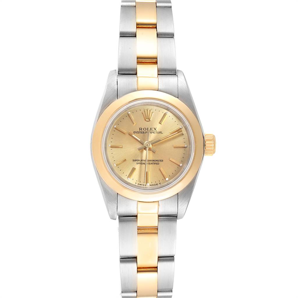 The image shows a front view of the Rolex Oyster Perpetual 67183 Women
s Steel and Gold (two tone) Champagne Dial 67183 Women
s Steel and Gold (two tone) Champagne Dial watch, showcasing its gold and silver bracelet and face.