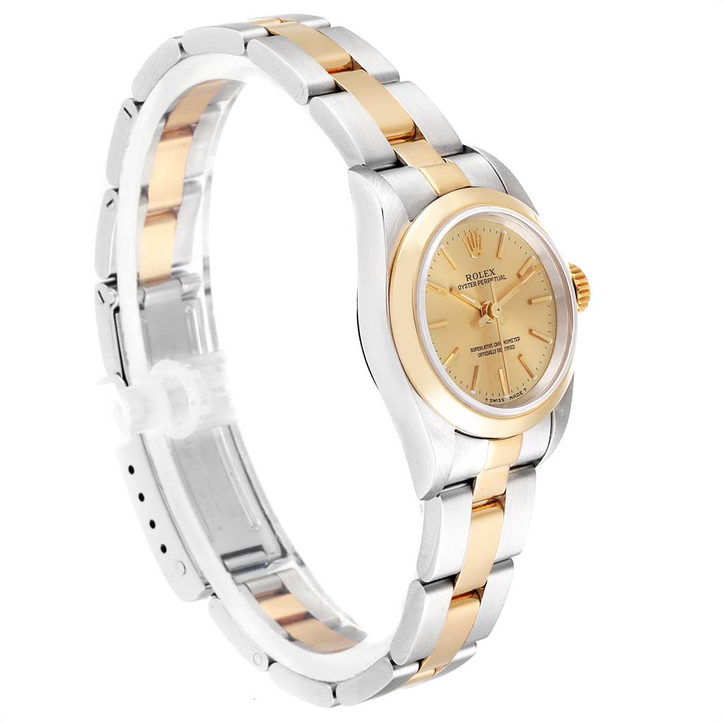 The Rolex Oyster Perpetual 67183 Women
s Steel and Gold (two tone) Champagne Dial 67183 Women
s Steel and Gold (two tone) Champagne Dial watch is shown at a side angle, highlighting the bracelet, case, and dial.