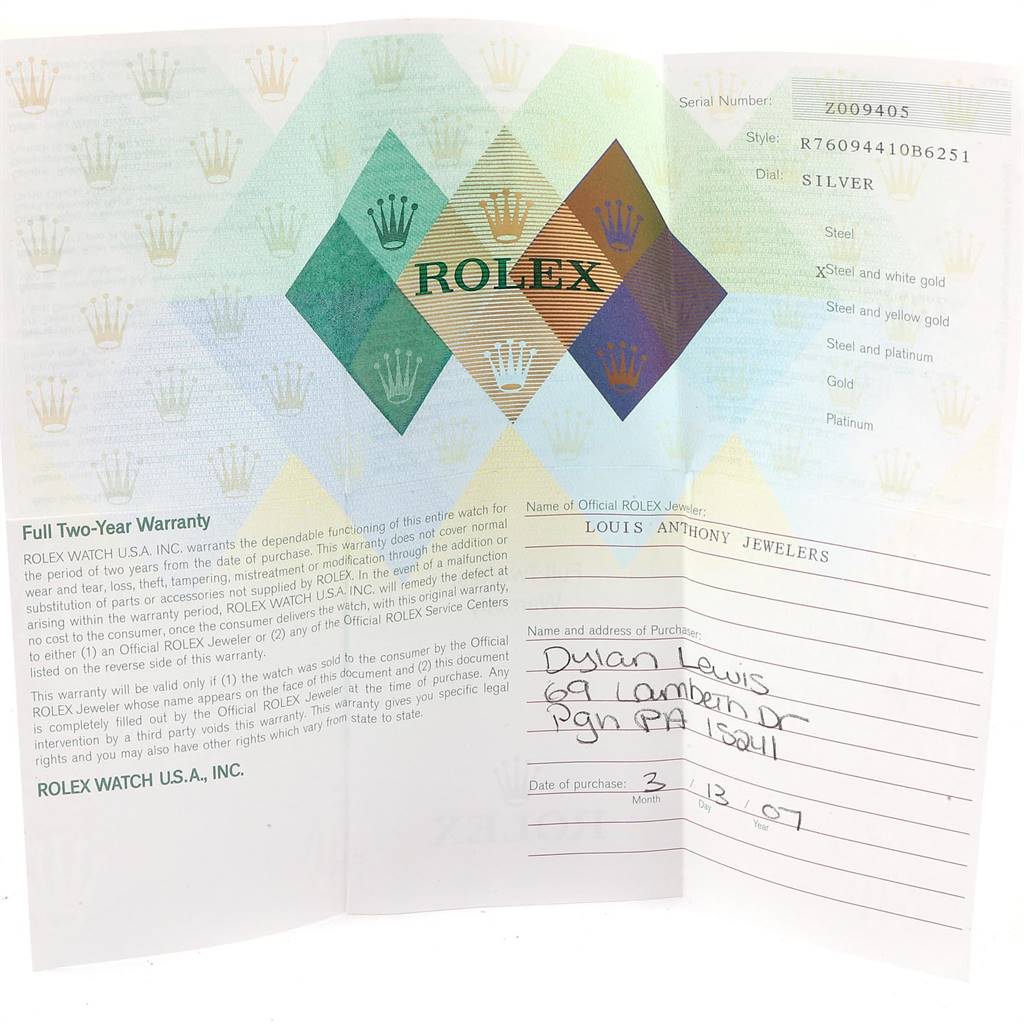 The image shows the warranty card and purchase details for a Rolex Oyster Perpetual 76094 Women's Stainless Steel Silver Dial 76094 Women's Stainless Steel Silver Dial watch.