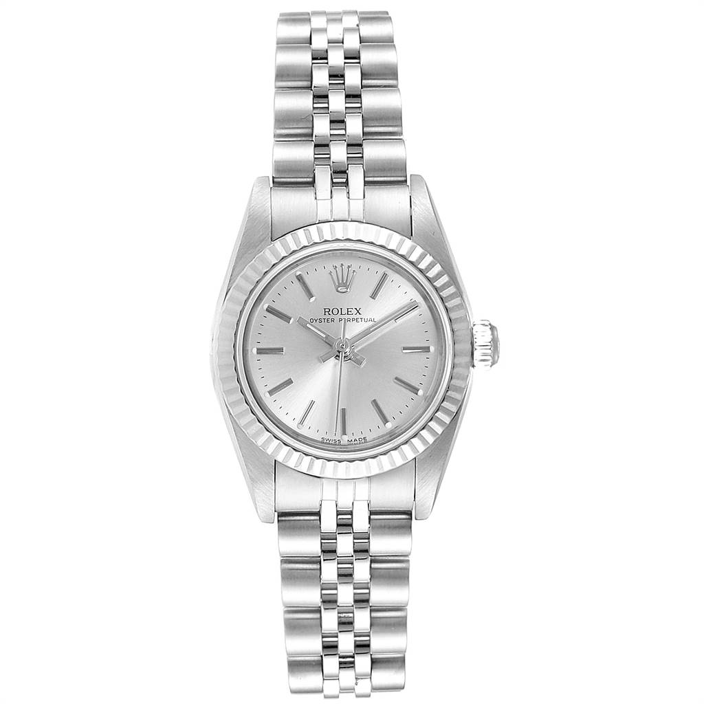 This is a head-on view of a Rolex Oyster Perpetual 76094 Women's Stainless Steel Silver Dial 76094 Women's Stainless Steel Silver Dial watch showing the face, bezel, and bracelet fully.