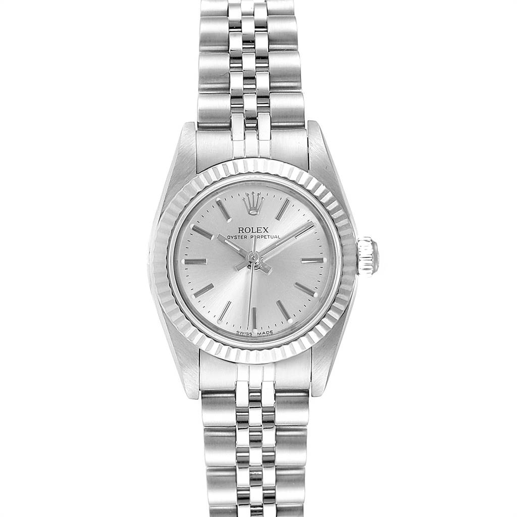The image shows a frontal view of a Rolex Oyster Perpetual 76094 Women's Stainless Steel Silver Dial 76094 Women's Stainless Steel Silver Dial watch, displaying the dial, bezel, case, and bracelet.